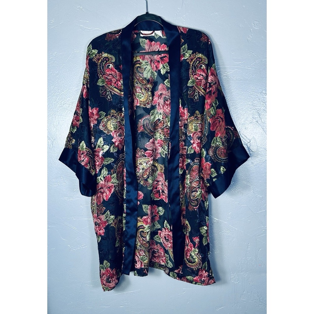 Vintage Victorias Secret Gold Label Satin Kimono Robe Blue Pink Floral One Size